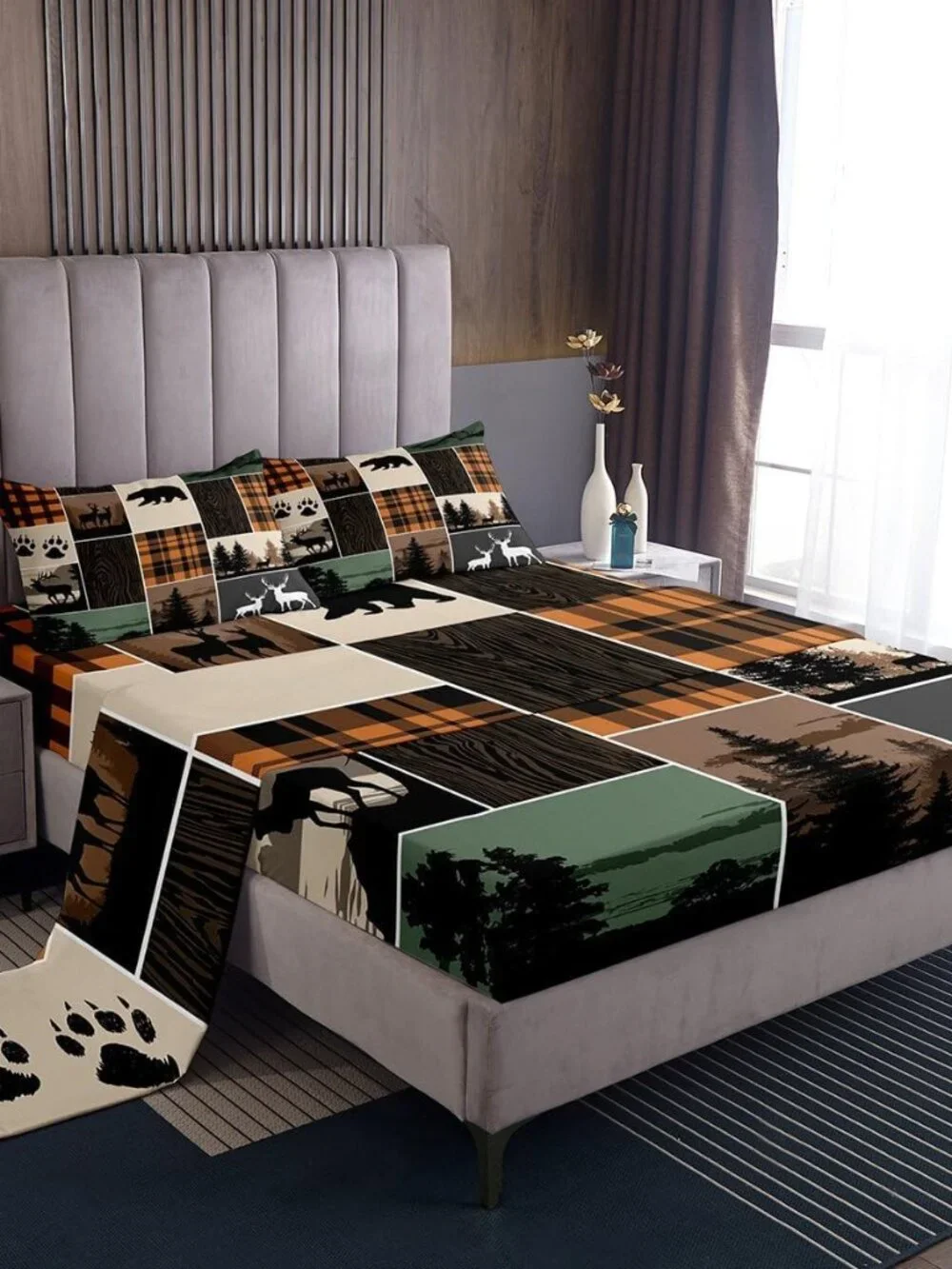 Rustic Cabin Fitted Sheet Twin Size, Hunting Bear Deer Bed Sheets For Kids Teens